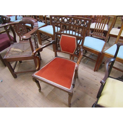 1910 - LATE 19c INLAID OPEN ARMCHAIR WITH SPINDLED AND GUILLOCHE BACK PANELS -  SEAT 94cms H