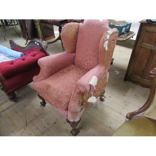 1920 - GEORGIAN STYLE WOODEN FRAMED UPHOLSTERED WINGBACK ARMCHAIR - FOR RESTORATION