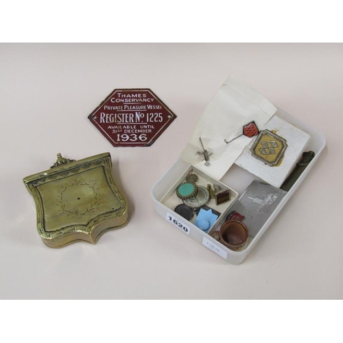 1620 - BOX TO INC. BRASS POT, SET OF BRASS BALANCE SCALES, ROYAL DOULTON JUG, PLEASURE VESSEL SIGN