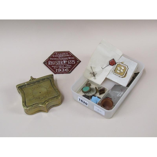 1620 - BOX TO INC. BRASS POT, SET OF BRASS BALANCE SCALES, ROYAL DOULTON JUG, PLEASURE VESSEL SIGN