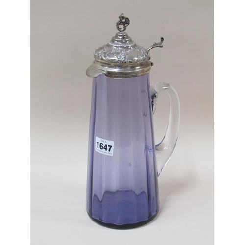 1647 - CONTINENTAL SILVER TOPPED AMETHYST GLASS CLARET JUG