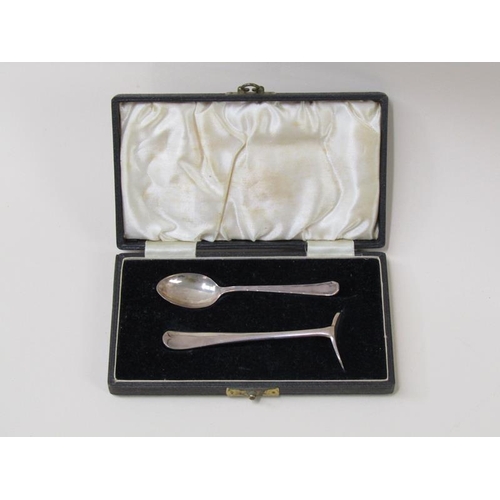 1648 - PAIR OF SILVER FILLED SHORT STICKS, CHEESE KNIFE, BABY SPOON, PUSHER, BOX OF FORKS