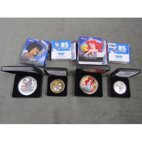 1703 - COLLECTION OF DISNEY GOLD PLATED COMMEMORATIVE COINS TO INC. LITTLE MERMAID, DONALD DUCK, JUNGLE BOO... 