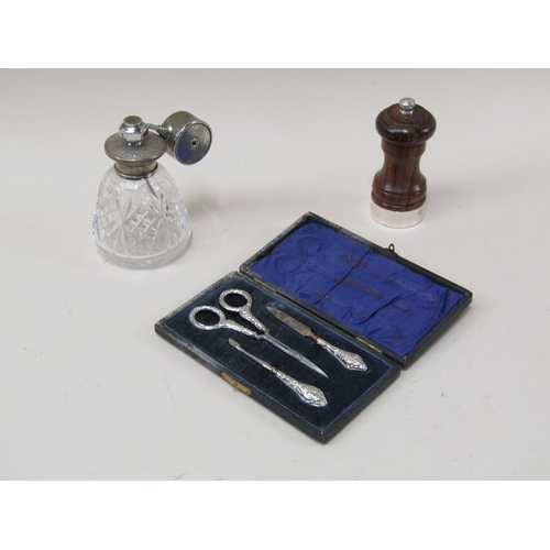 1674 - SILVER TOPPED ATOMISER, SILVER RIMMED PEPPER AND A BOX OF SILVER HANDLED SCISSORS