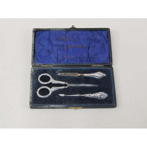 1674 - SILVER TOPPED ATOMISER, SILVER RIMMED PEPPER AND A BOX OF SILVER HANDLED SCISSORS