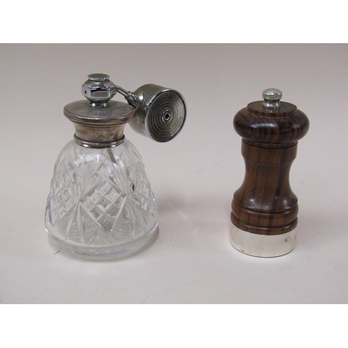 1674 - SILVER TOPPED ATOMISER, SILVER RIMMED PEPPER AND A BOX OF SILVER HANDLED SCISSORS