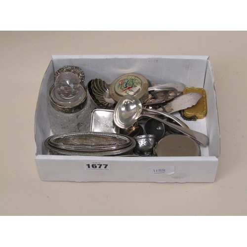 1677 - BOX; SILVER PLATE, SILVER TOPPED POTS ETC.