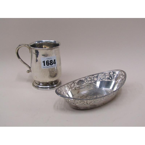 1684 - ASPREY PIERCED SILVER DISH AND A SILVER TANKARD