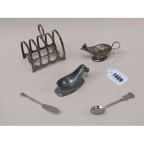 1689 - SMALL SILVER BURNER, SILVER SPOON, KNIFE, SILVER PLATED TOAST RACK ETC