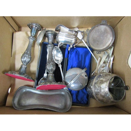 1690 - BOX OF MIXED SILVER PLATE TO INC. CANDLESTICKS