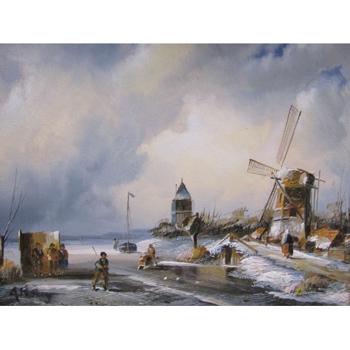 1105 - SIGNED INDISTINCTLY - DUTCH WINTER RIVERSCAPE WITH WINDMILL AND FIGURES, OIL ON BOARD, FRAMED, 18CM ... 