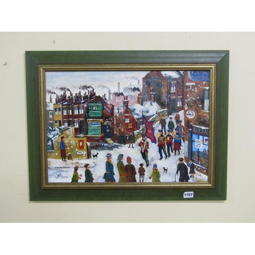 1157 - ALAN TORTICE, THE SALLY ARMY SIGNED OIL ON CANVAS, FRAMED 34 x 50 cms