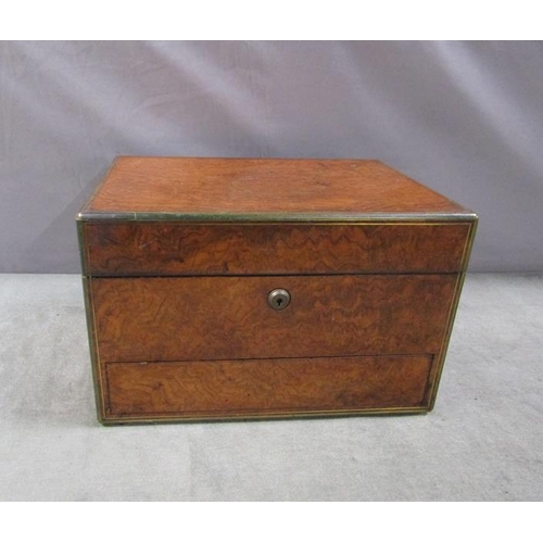 1387 - BRASS INLAID BURR WALNUT JEWELLERY CABINET BY MECHI BAZIN, LONDON