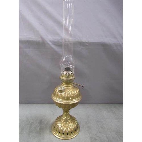 1385A - ART NOUVEAU BRASS OIL LAMP AND FUNNEL,  52CM H OVERALL