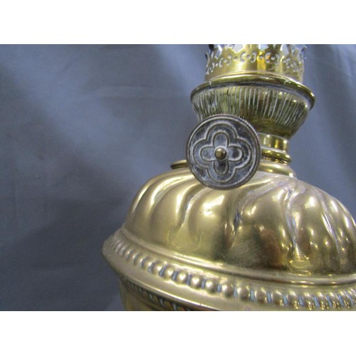 1385A - ART NOUVEAU BRASS OIL LAMP AND FUNNEL,  52CM H OVERALL