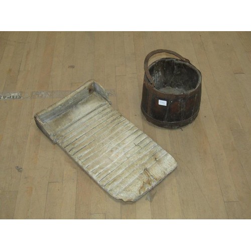 1323 - WOODEN BUCKET; WASH BOARD, 53CM L