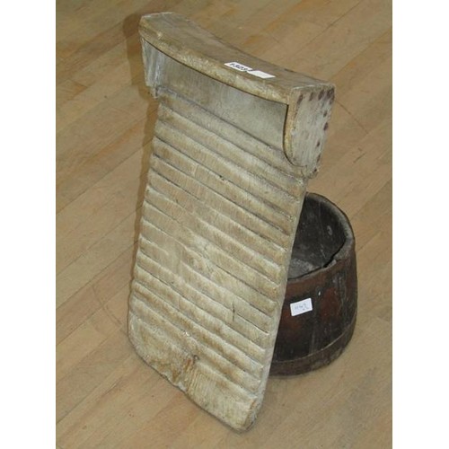 1323 - WOODEN BUCKET; WASH BOARD, 53CM L