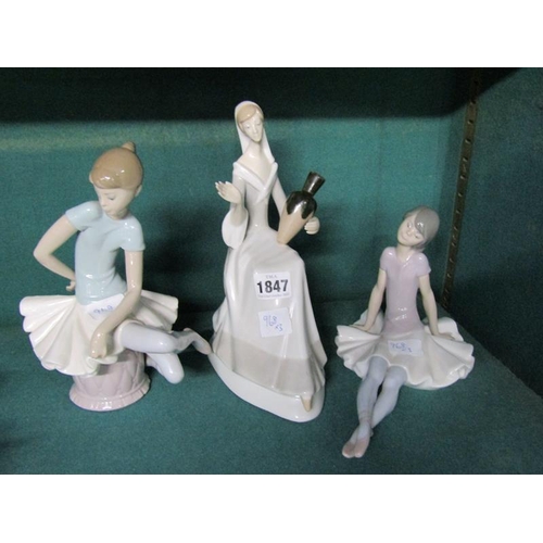 1847 - THREE PORCELAIN FIGURES TO INC. TWO NAO BALLERINAS 22cms H, LARGEST