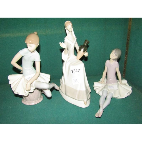 1847 - THREE PORCELAIN FIGURES TO INC. TWO NAO BALLERINAS 22cms H, LARGEST