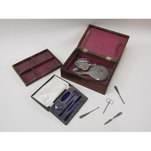 1691 - VICTORIAN NEEDLEWORK BOX CONTAINING SILVER HANDLED MIRROR, SILVER DISH AND BOXED SILVER HANDLED DRES... 