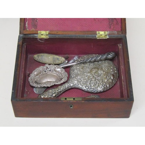 1691 - VICTORIAN NEEDLEWORK BOX CONTAINING SILVER HANDLED MIRROR, SILVER DISH AND BOXED SILVER HANDLED DRES... 