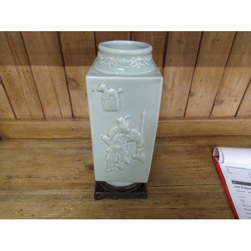 1872 - ORIENTAL CELADON GLAZED VASE ON STAND - VASE 26cms H