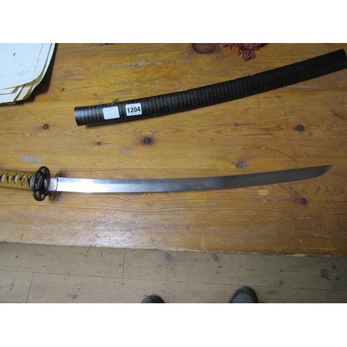 1204 - JAPANESE SWORD, 52CM L BLADE, SCABBARD WITH BANDED DECORATION, OVERALL 94CM L