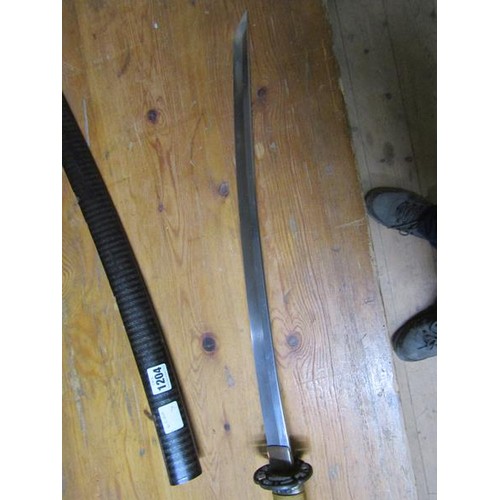 1204 - JAPANESE SWORD, 52CM L BLADE, SCABBARD WITH BANDED DECORATION, OVERALL 94CM L