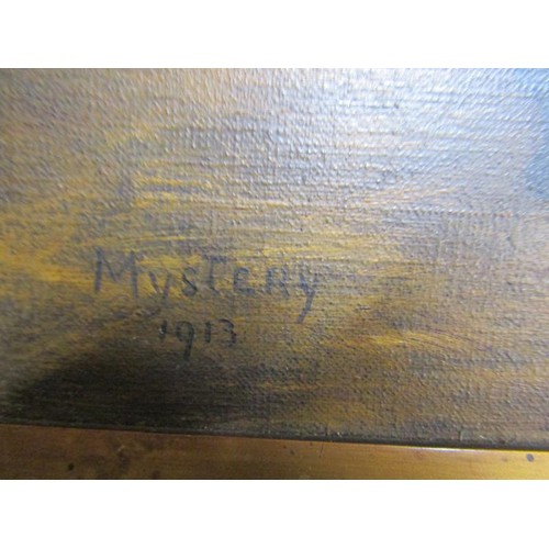 1151 - SIGNED INDISTINCTLY, THE HORSE MYSTERY 1913 IN A STABLE SETTING.  SIGNED AND TITLED OIL ON CANVAS, F... 