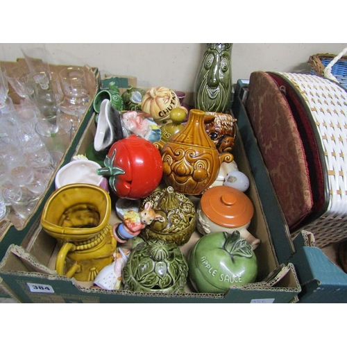 384 - BOX OF NOVELTY PRESERVE POTS, CHARACTER JUG ETC.