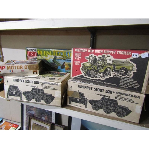 431 - QTY OF BOXED MILITARY JEEPS, TANKS, ACTION MAN PURSUIT CRAFT