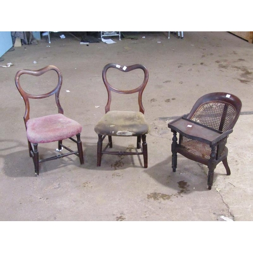 536 - TWO VICTORIAN BALLOON BACK CHAIRS; CHILDS HIGH CHAIR; FOLDING CHAIRS