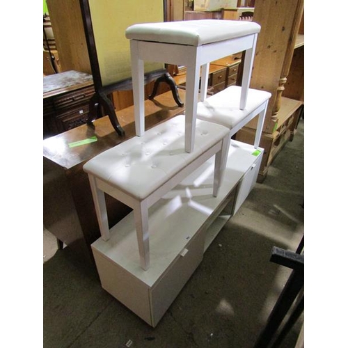 541 - WHITE CABINET; THREE STOOLS