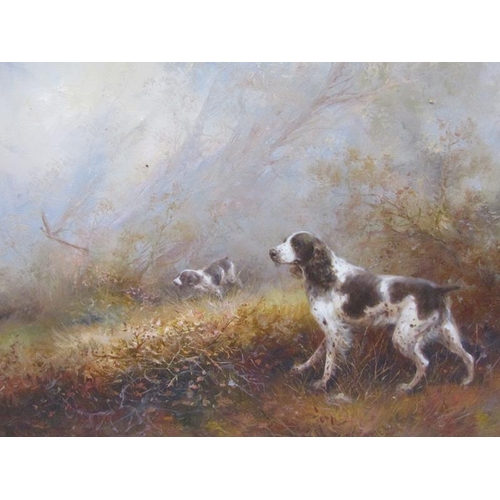 1100 - UNSIGNED - TWO WORKING SPANIELS, OIL ON CANVAS FRAMED, 60CM X 90CM