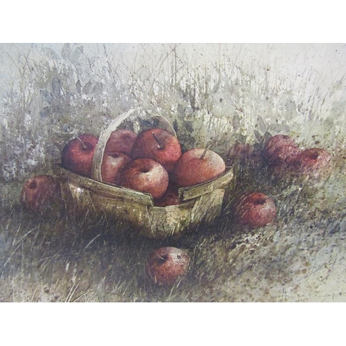 1103 - HUBERT S FRAMPTON - APPLE PLENTY, SIGNED OIL ON CANVAS, FRAMED, 49CM X 69CM