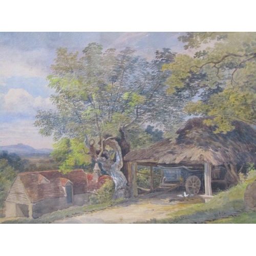 1107 - UNSIGNED 19C - THE THATCHED CART SHED, WATERCOLOUR, F/G, 30CM X 47CM