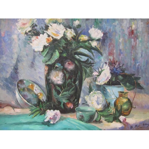 1110 - P MORRIS 91 - VASE OF FLOWERS WITH OTHER ITEMS ON A TABLE, SIGNED, OIL ON CANVAS, FRAMED, 49CM X 60C... 