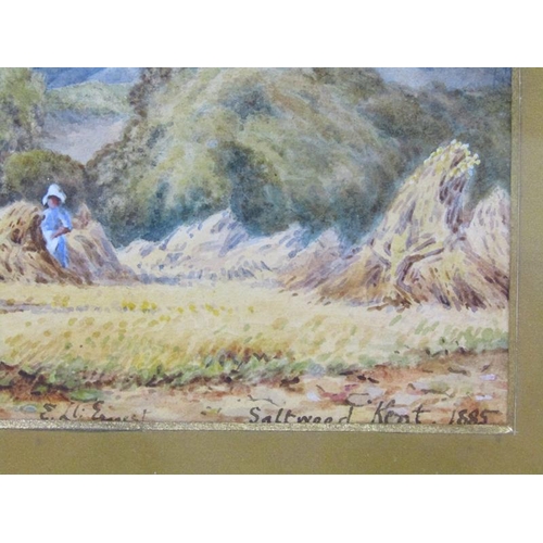 1111 - E L ERNEST - HARVESTING SCENE SALTWOOD KENT 1885, SIGNED AND TITLED, F/G, 15CM X 22CM