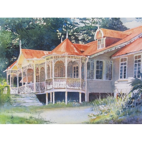 1115 - SIGNED INDISTINCTLY - THE PLANTATION BUNGALOW, SIGNED WATERCOLOUR, F/G, 39CM X 51CM