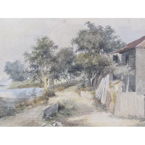 1118 - M JAMES STARK 1794/1859 - A PAN TILED AND BOARDED COTTAGE NEXT TO A RIVER, WATERCOLOUR, F/G