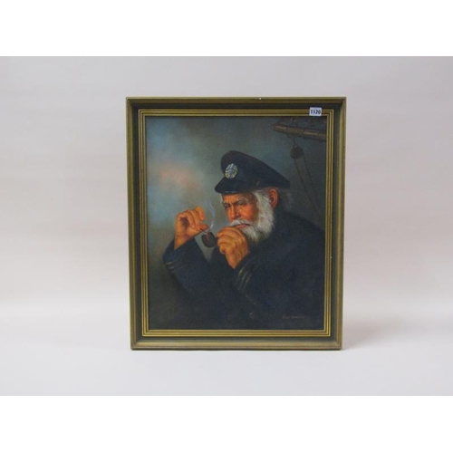 1120 - KIM BENSON - THE SEA CAPTAIN SMOKING HIS PIPE, SIGNED OIL ON CANVAS, FRAMED, 59CM X 49CM