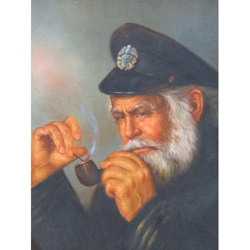 1120 - KIM BENSON - THE SEA CAPTAIN SMOKING HIS PIPE, SIGNED OIL ON CANVAS, FRAMED, 59CM X 49CM