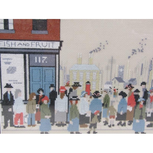 1122 - THREE EARLY 20C NEEDLEWORK PICTURES AFTER LOWRY, F/G, 26CM X 21CM, 23CM X 27CM & 25CM X 33CM