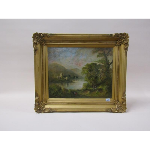 1128 - UNSIGNED 19C - SCOTTISH LOCH WITH FIGURES, OIL ON BOARD, FRAMED, 39CM X 49CM