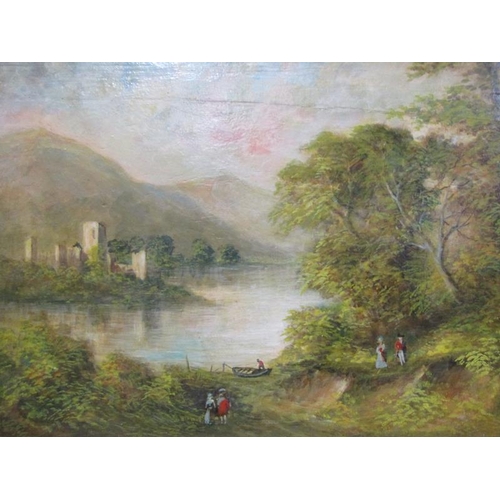 1128 - UNSIGNED 19C - SCOTTISH LOCH WITH FIGURES, OIL ON BOARD, FRAMED, 39CM X 49CM