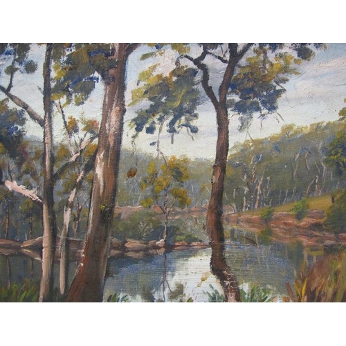 1130 - RAYMOND DE CUSACK - LAKE PARRA MATTA, OIL ON BOARD, FRAMED, 24CM X 29CM