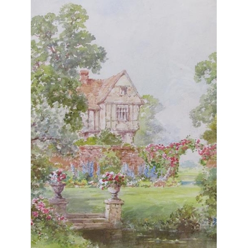 1136 - S MCKINLEY - SUMMERTIME GARDEN SETTING WITH TUDOR HOUSE, WATERCOLOUR, F/G, 39CM X 27CM