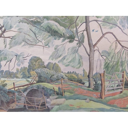 1137 - LYONS WILSON - LANDSCAPE WITH STREAM AND BRIDGE, SIGNED WATERCOLOUR, F/G, 49CM X 57CM