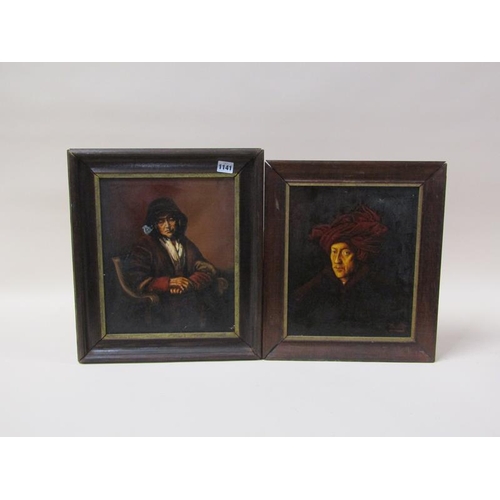 1141 - SIGNED INDISTINCTLY - PORTRAIT OF A LADY AND A GENTLEMAN, OIL ON CANVAS, EACH FRAMED, 32CM X 27CM