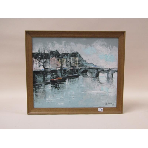 1146 - WAILES 77 - RIVERSCAPE WITH BRIDGE, SIGNED OIL ON CANVAS, FRAMED, 45CM X 54CM